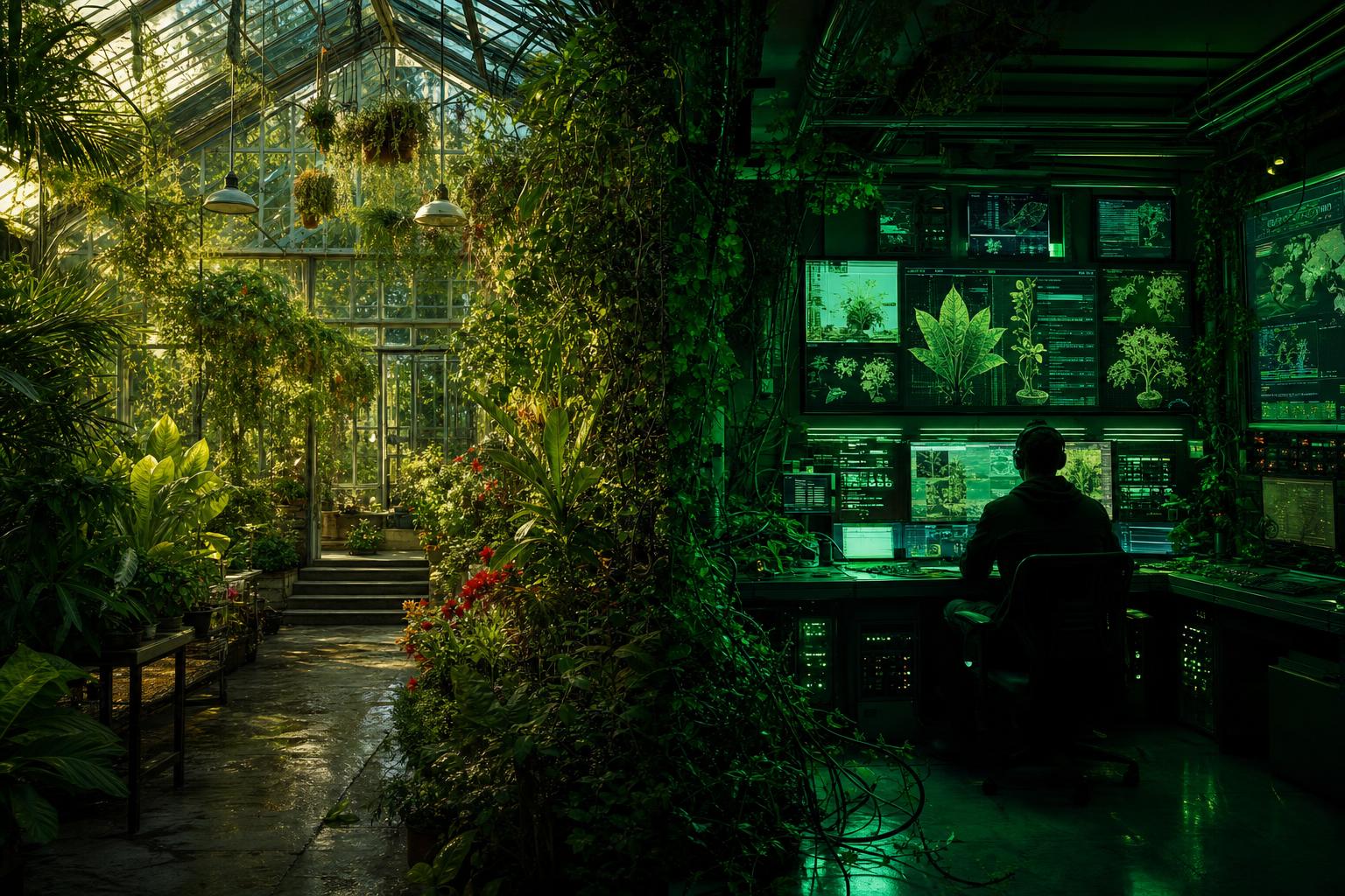 GreenWorld Garden — split scene: a sunlit greenhouse on the left, a green-glowing classified operations center with an analyst on the right