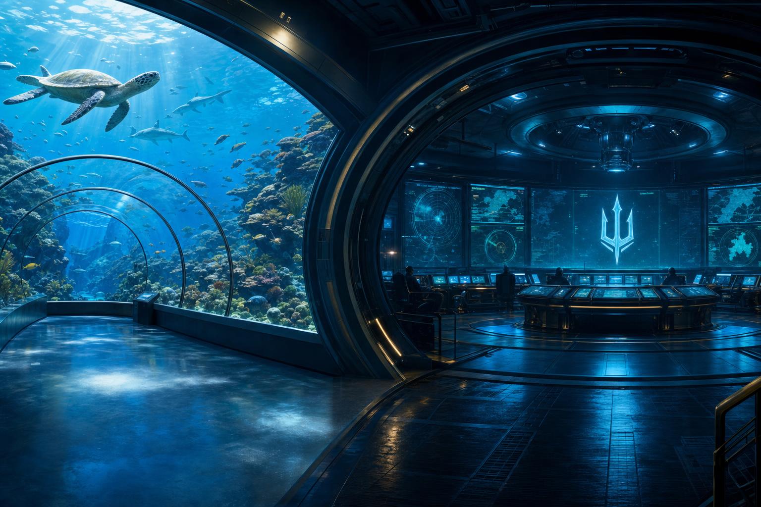 GreenSky Aquatics — a coral-reef aquarium tunnel giving way to a deep-sea submarine command bay