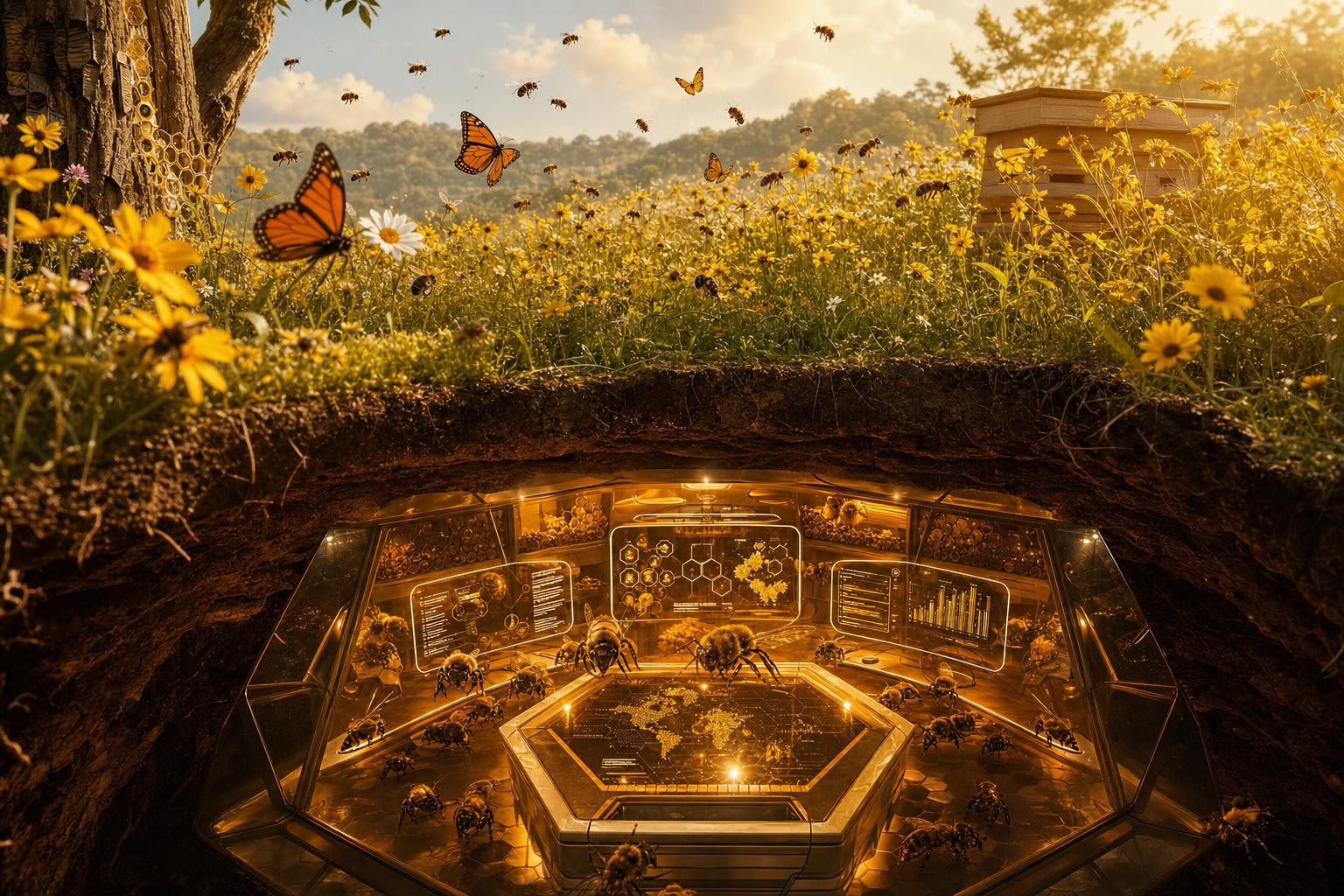 Honeyfield Conservancy — a golden wildflower meadow above a hidden amber-glowing hexagonal command hive