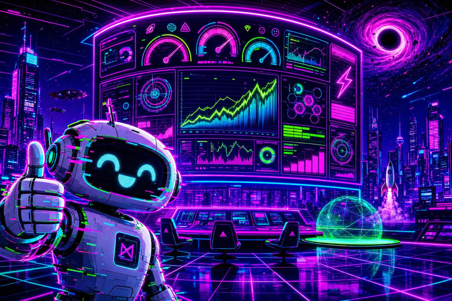 HyperMega AI — a neon retro-futurist AI command center with hype meters and a robot mascot