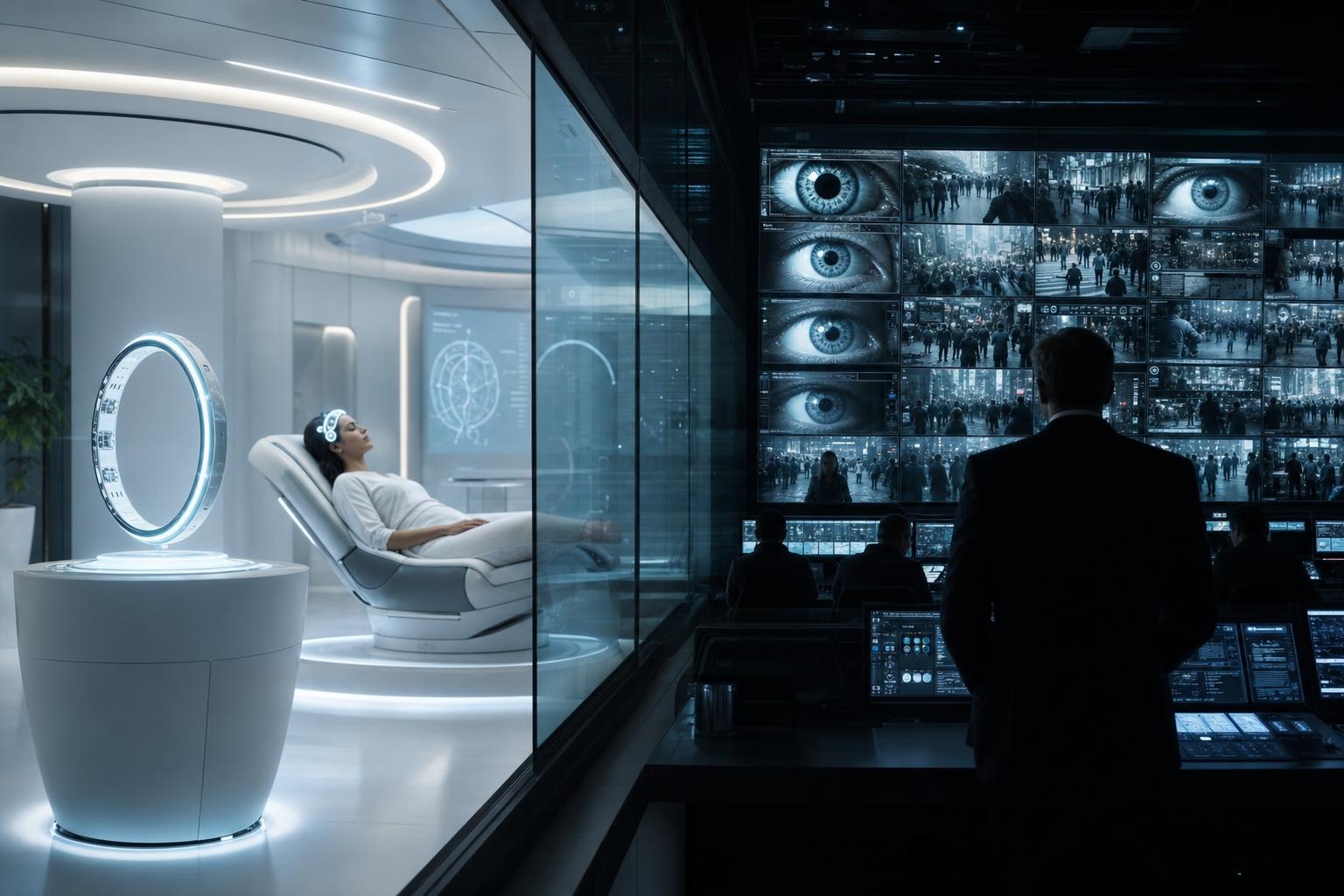 Psyon Biosciences — split scene: a white wellness clinic with the Halo implant and a patient on the left, a dark surveillance war-room of eye-monitors on the right