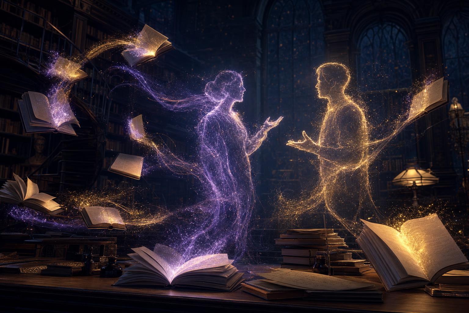 Revive — a night library where floating manuscripts dissolve into violet and gold light forming human silhouettes