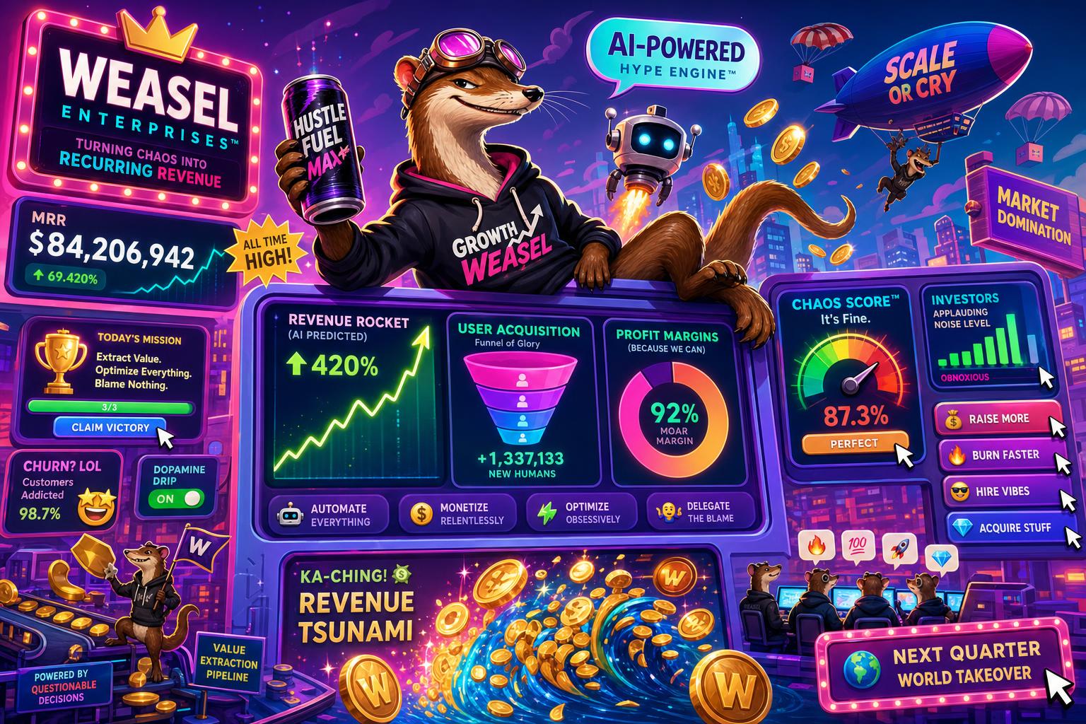Slop Tycoon — a satirical SaaS dashboard with a smug weasel mascot and coin piles