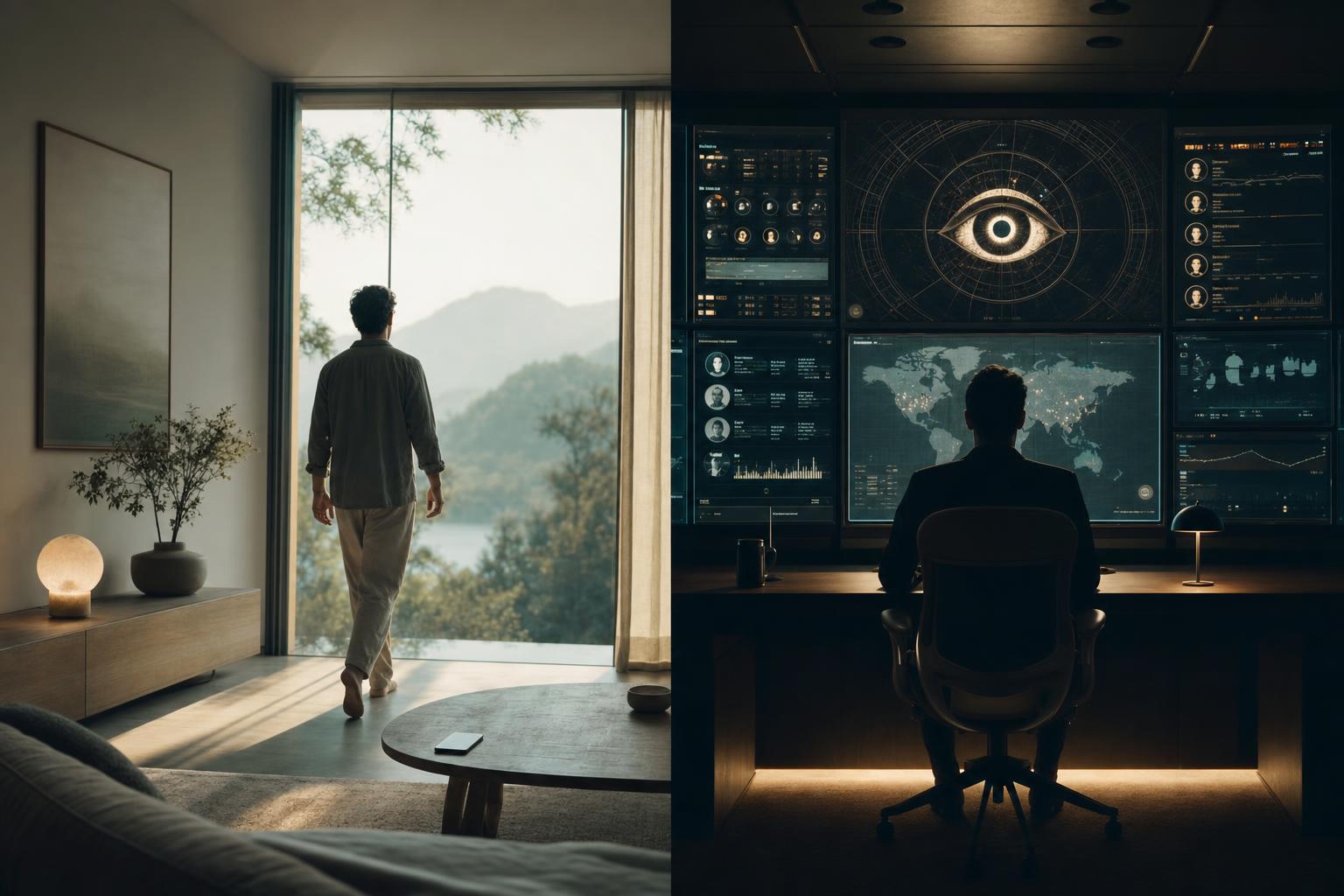 Unranked — split scene: a person calmly leaving toward a sunlit window on the left, a hidden surveillance control room with an all-seeing eye on the right